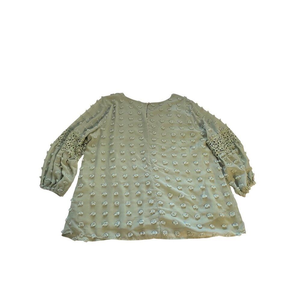 Cato Top Women 14/16W Green Textured Polka Dot Blouse Crochet Sleeves Lined Boho - Picture 10 of 16
